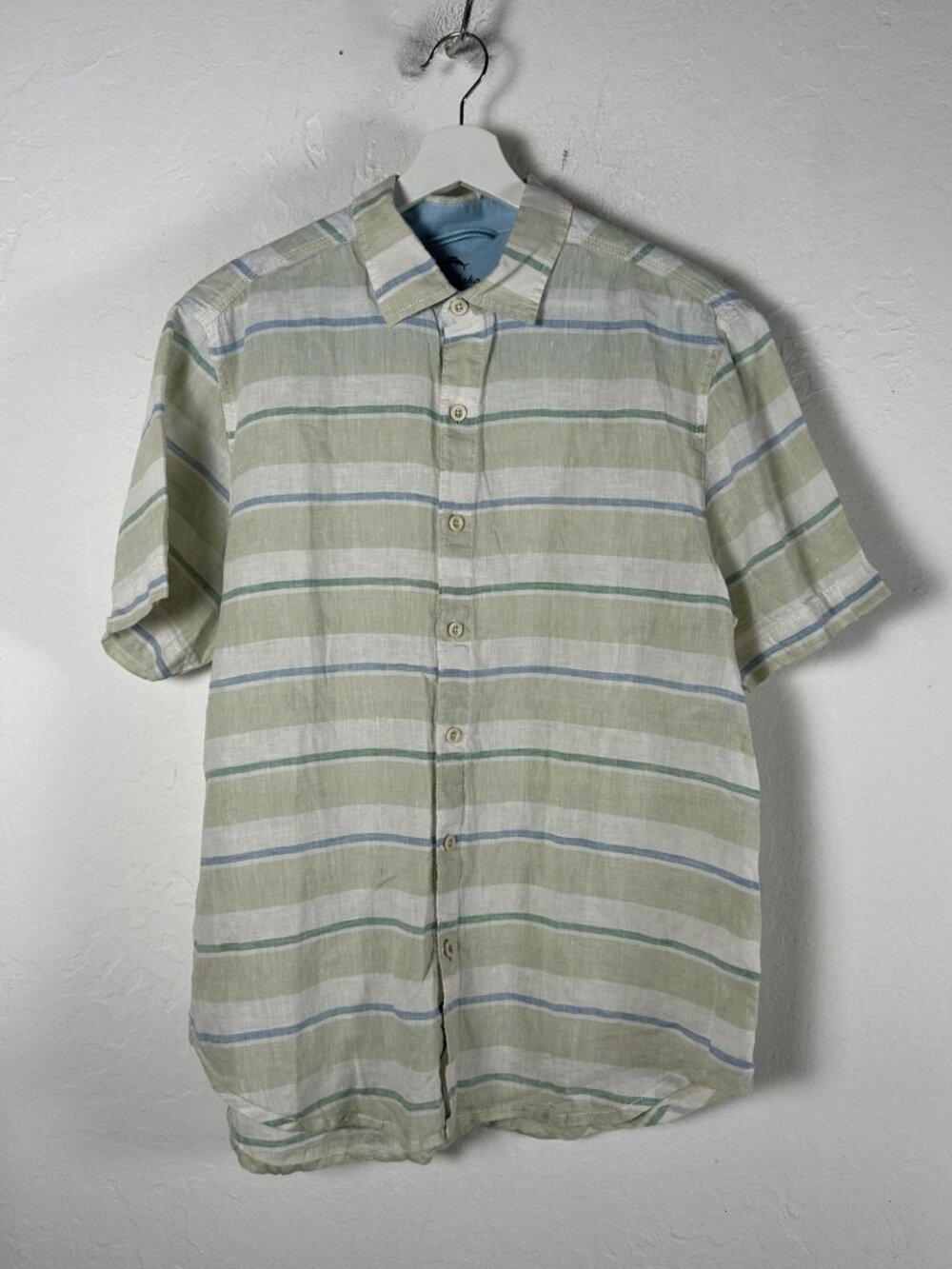 Tommy Bahama Relax Mens Green White Striped Linen Button-Up Camp Shirt Casual